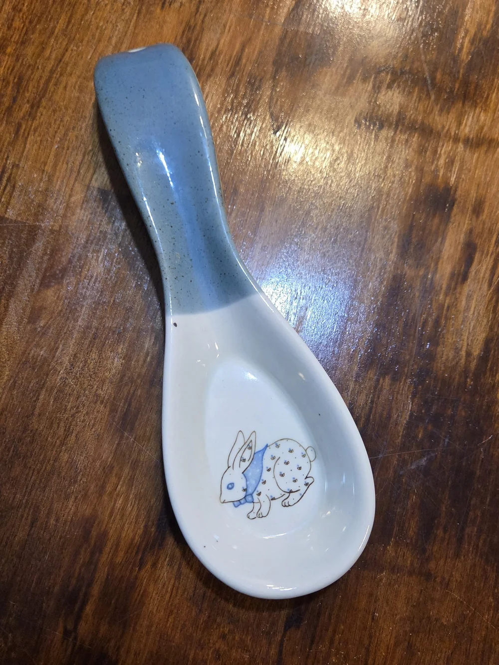 Vintage Country Floral Bunny Rabbit Spoon Rest Blue White Ceramic Grandmacore